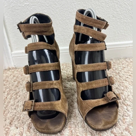 Saint Laurent Brown Suede Strappy Block Heels/Shoes 6.5